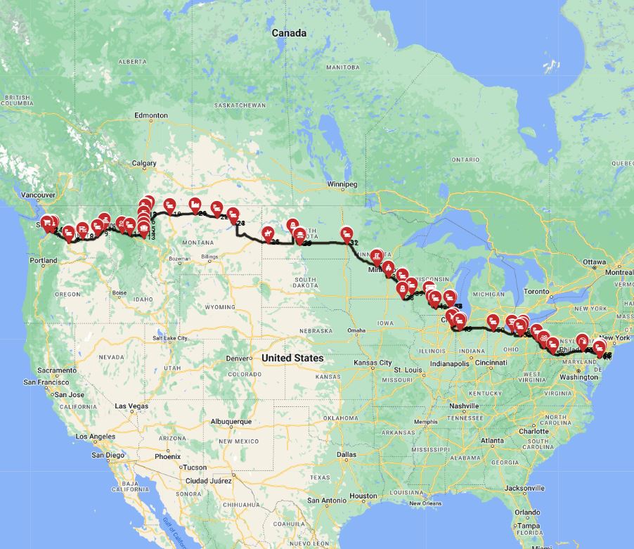 RV trip planner USA Seattle to Philadelphia motorhome route plan